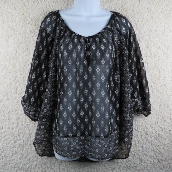 Elle* Women's Half Sleeve 3 Button Boat Neck Curved Hem Sheer‎ Blouse~ Size XL - Picture 1 of 11